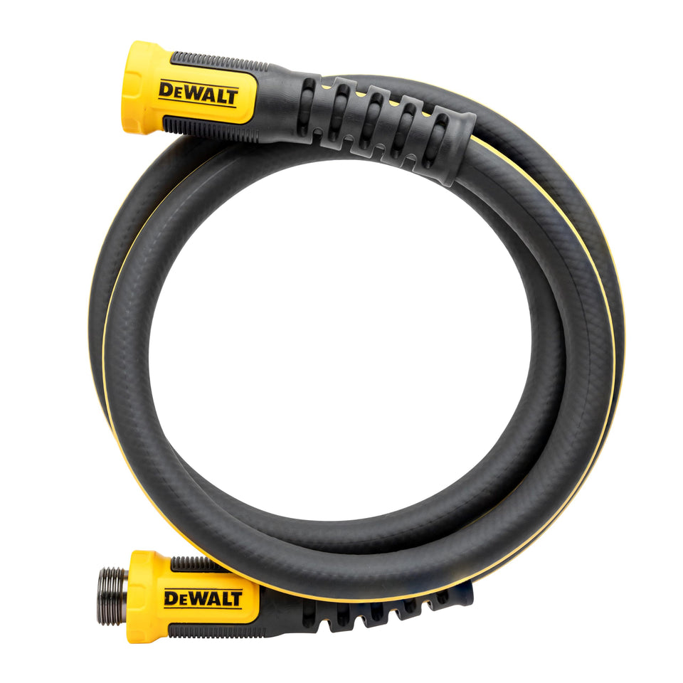 DEWALT water hose with 6 ft length demonstrating flexibility for demanding job sites
