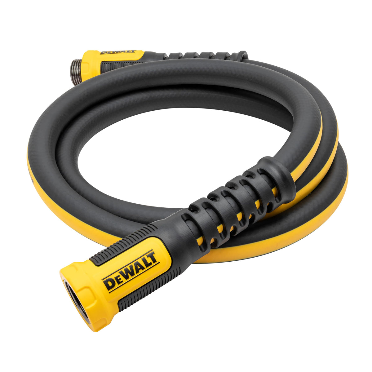 DEWALT water hose on job site showing durability and weather-flexible performance