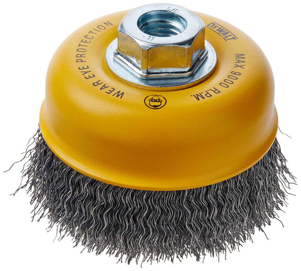 DEWALT DW49101 wire cup brush with crimped carbon steel wires for rust removal on metal surfaces.