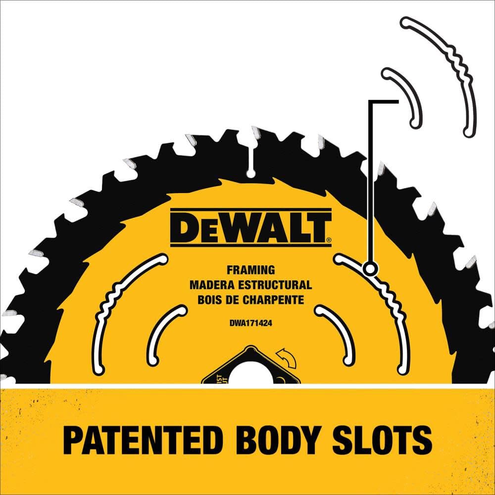 DEWALT wood-cutting blade in framing setup for clean cross-cuts.