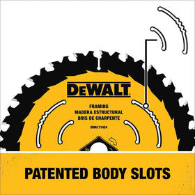 DEWALT wood-cutting blade in framing setup for clean cross-cuts.
