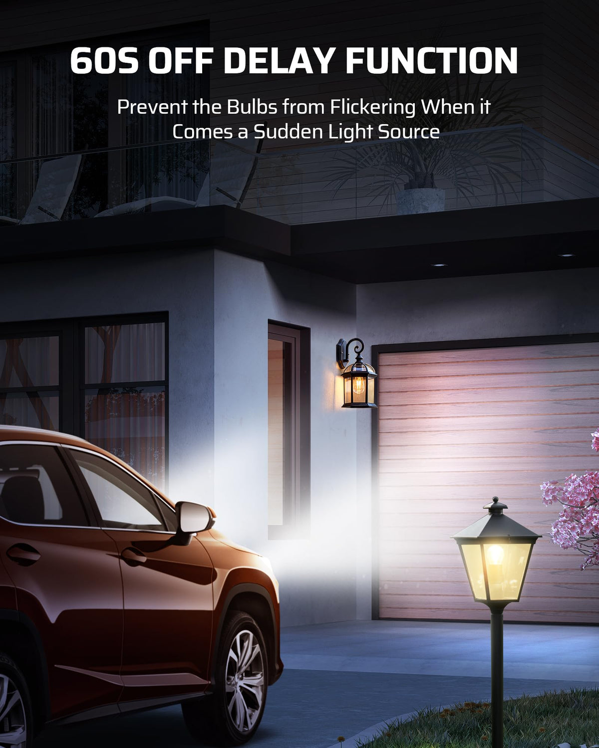 Front door lighting with DEWENWILS dusk-to-dawn socket improves security via automatic turning on.