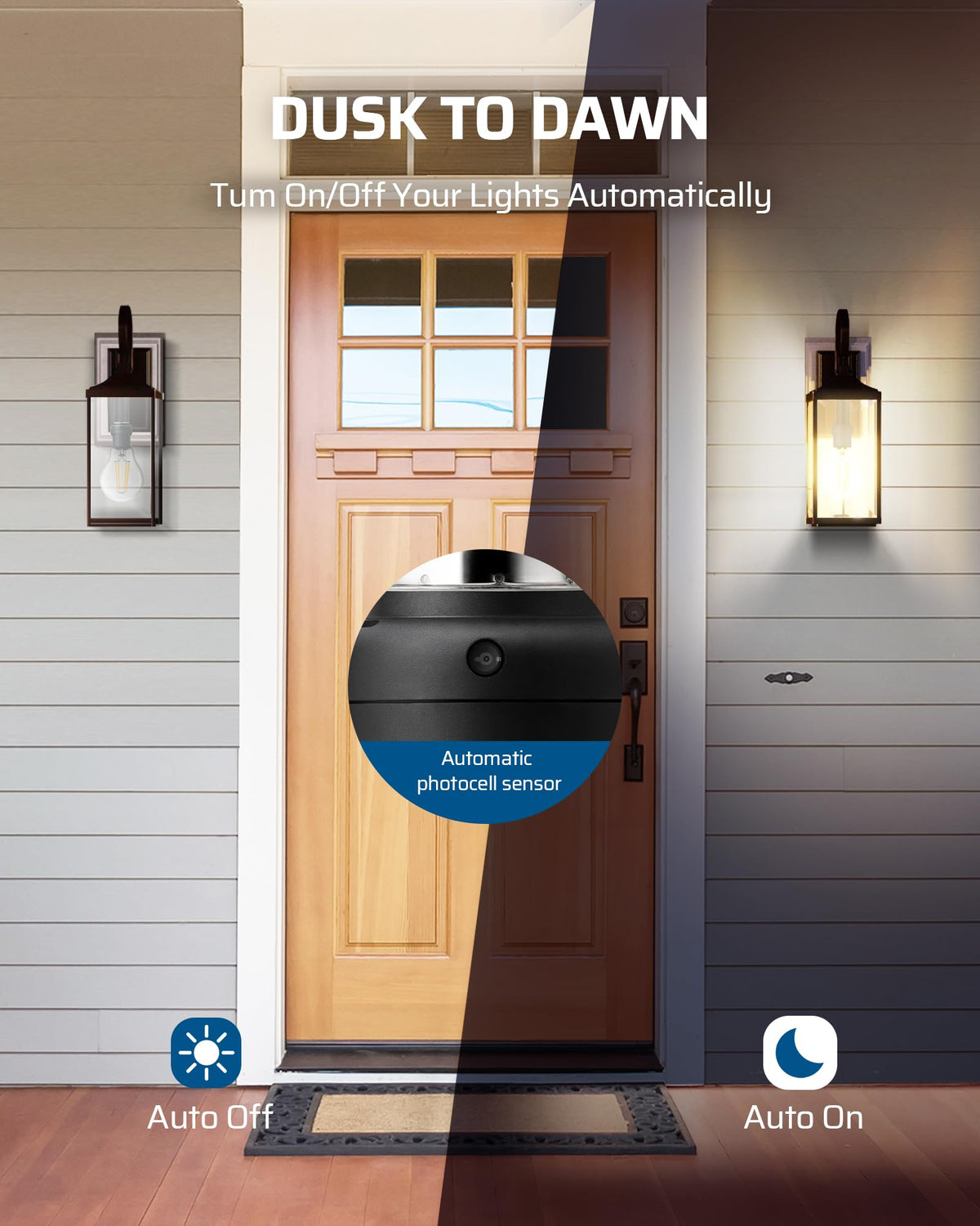 Porch light setup using DEWENWILS socket enables hands-free outdoor illumination.