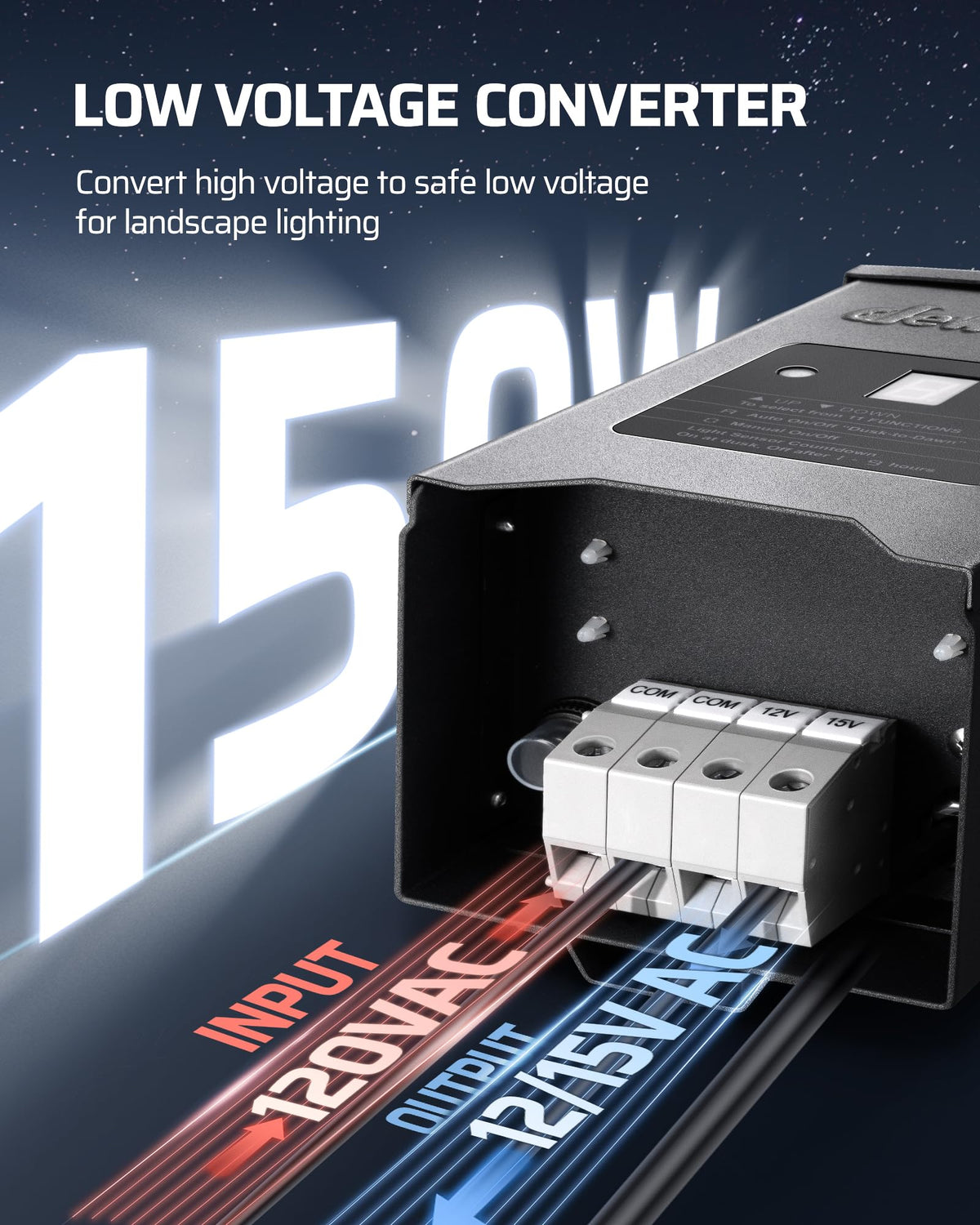 DEWENWILS 12/15V output landscape transformer powers garden lights safely.