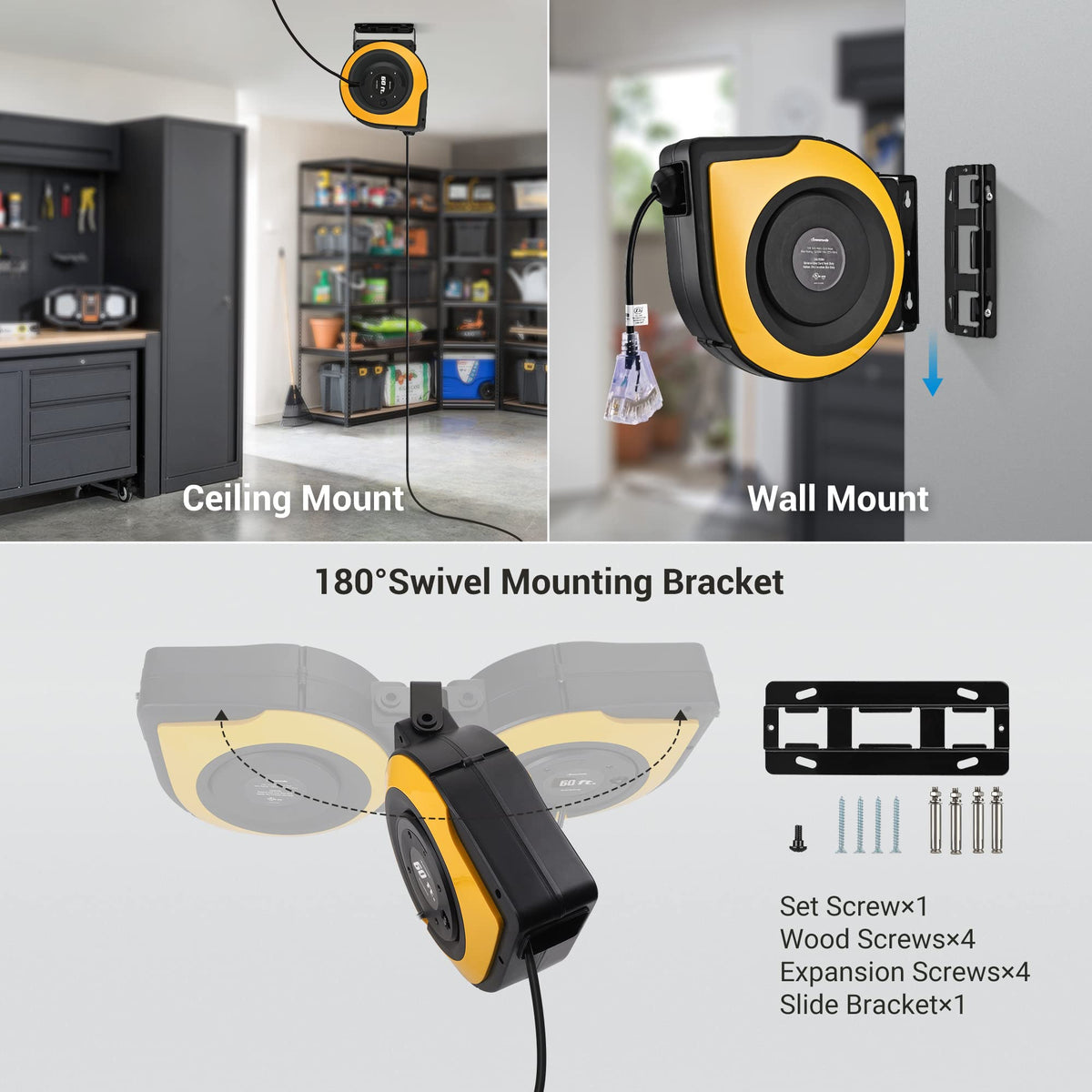 DEWENWILS 180-degree swivel bracket enables flexible cord routing.