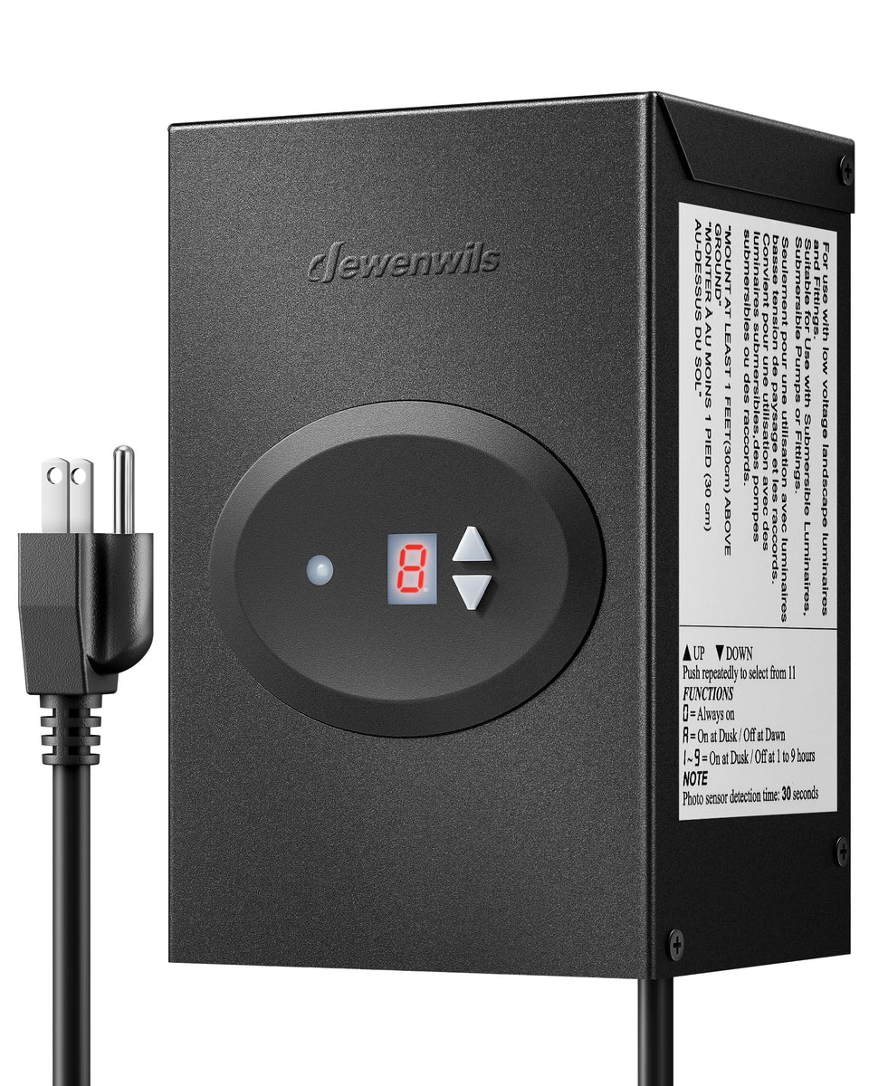 DEWENWILS 200W transformer front view powering landscape lighting
