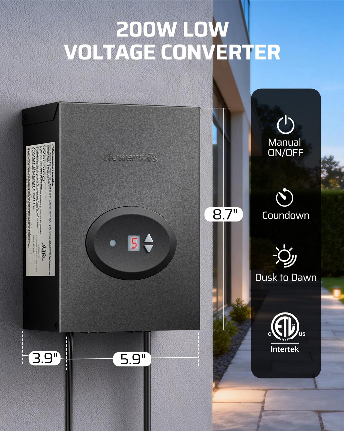 DEWENWILS outdoor lighting setup with low voltage transformer