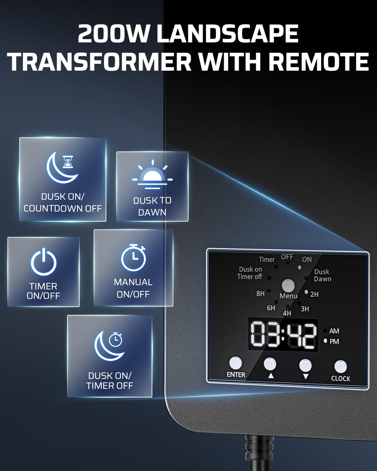 DEWENWILS 200W transformer shows timer mode for customizable schedules.