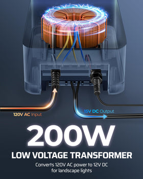 DEWENWILS 200W transformer with weatherproof polycarbonate housing for durability.
