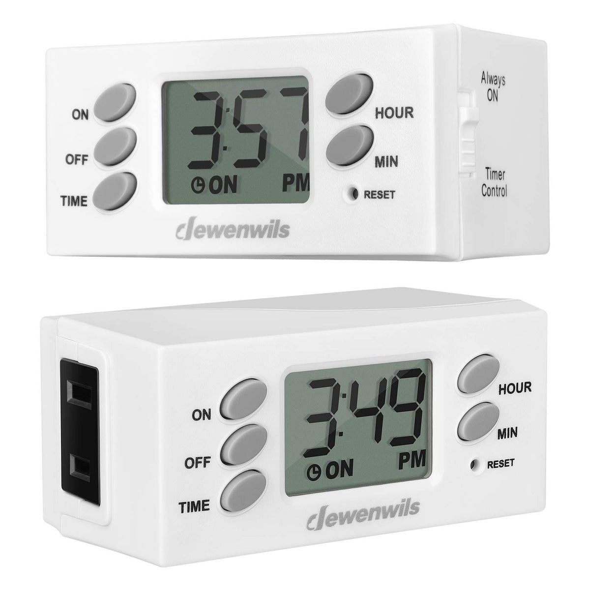 DEWENWILS 24-hour timer with left outlet and right control for simple scheduling.