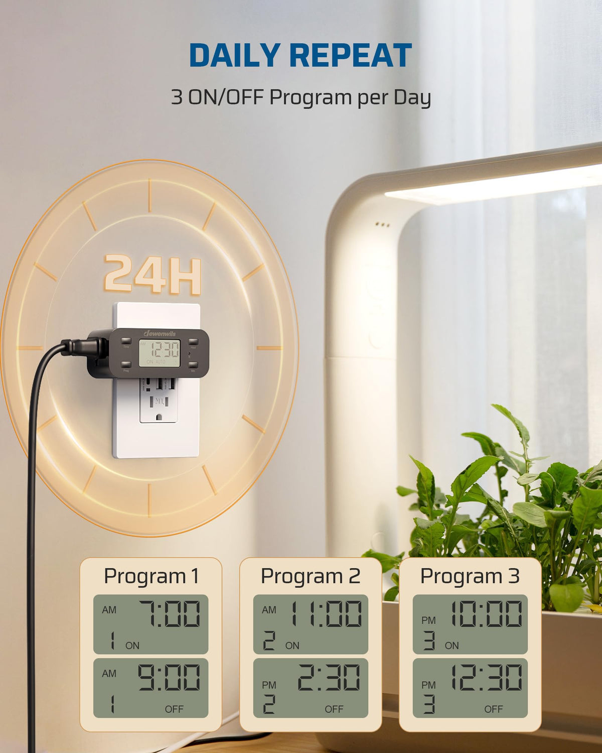 DEWENWILS timer outlet side view showing compact design and accessible outlets.