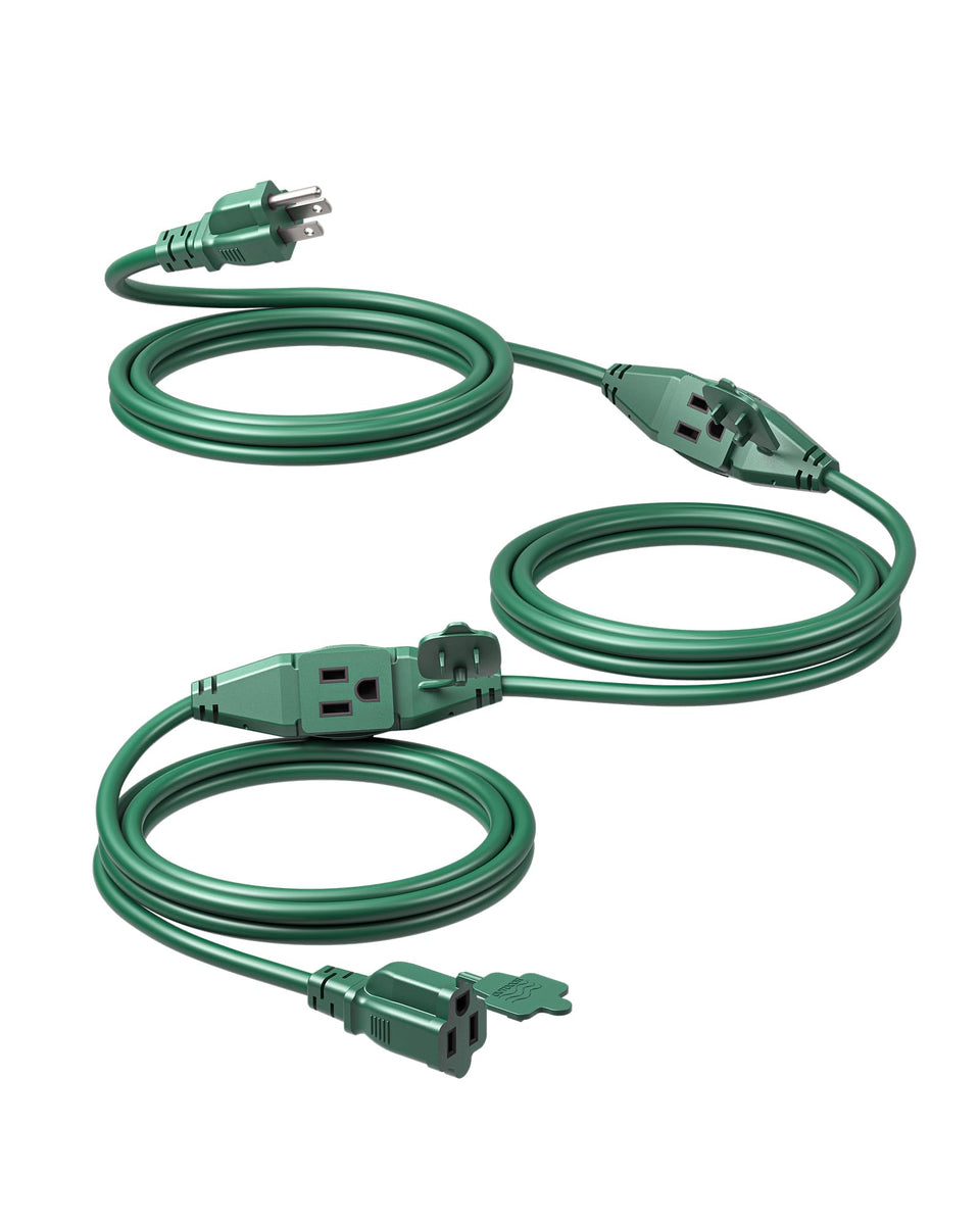 DEWENWILS 25ft outdoor extension cord with three evenly spaced outlets for landscape lighting.