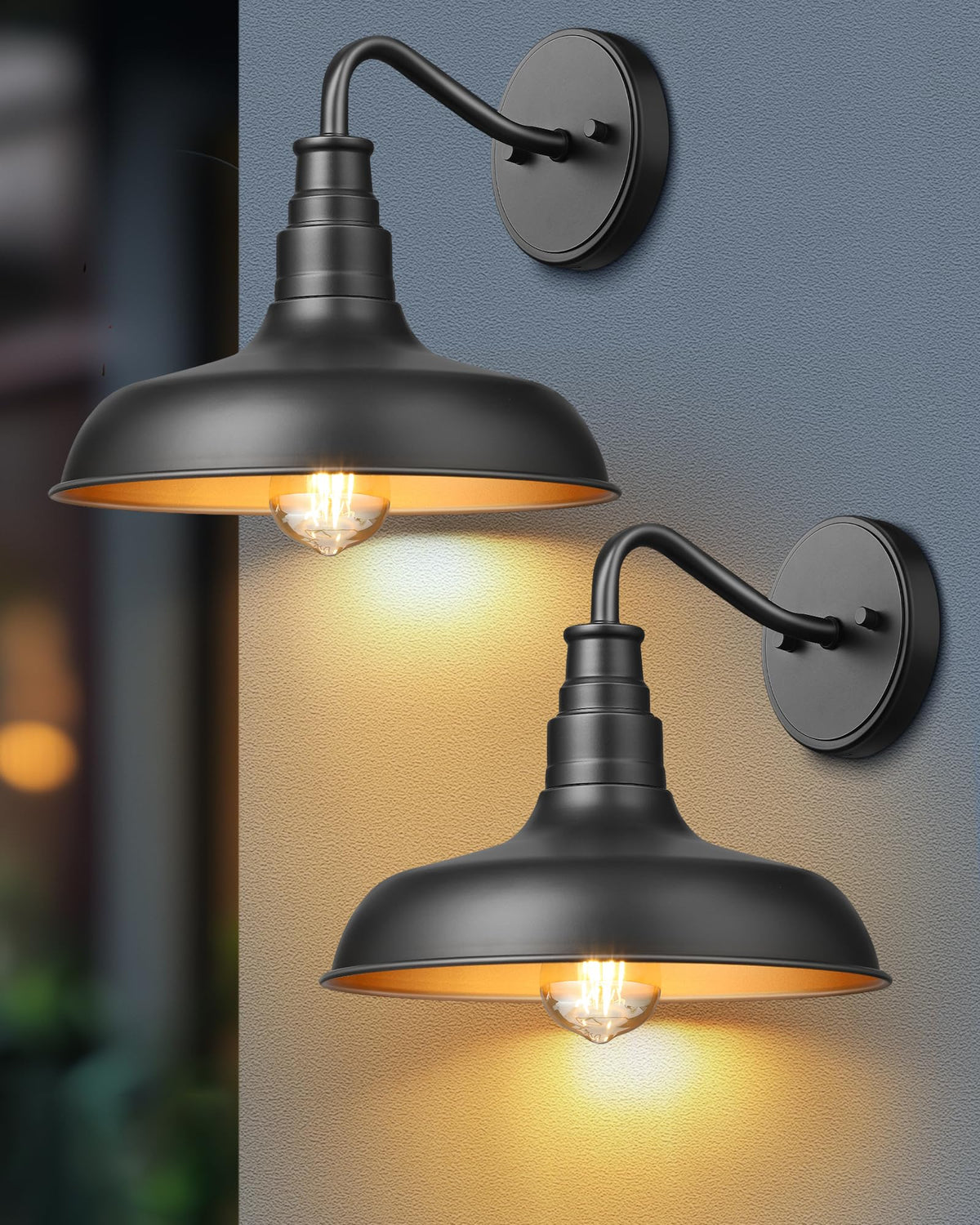 DEWENWILS 2-pack gooseneck wall light front view in black matte enhances curb appeal