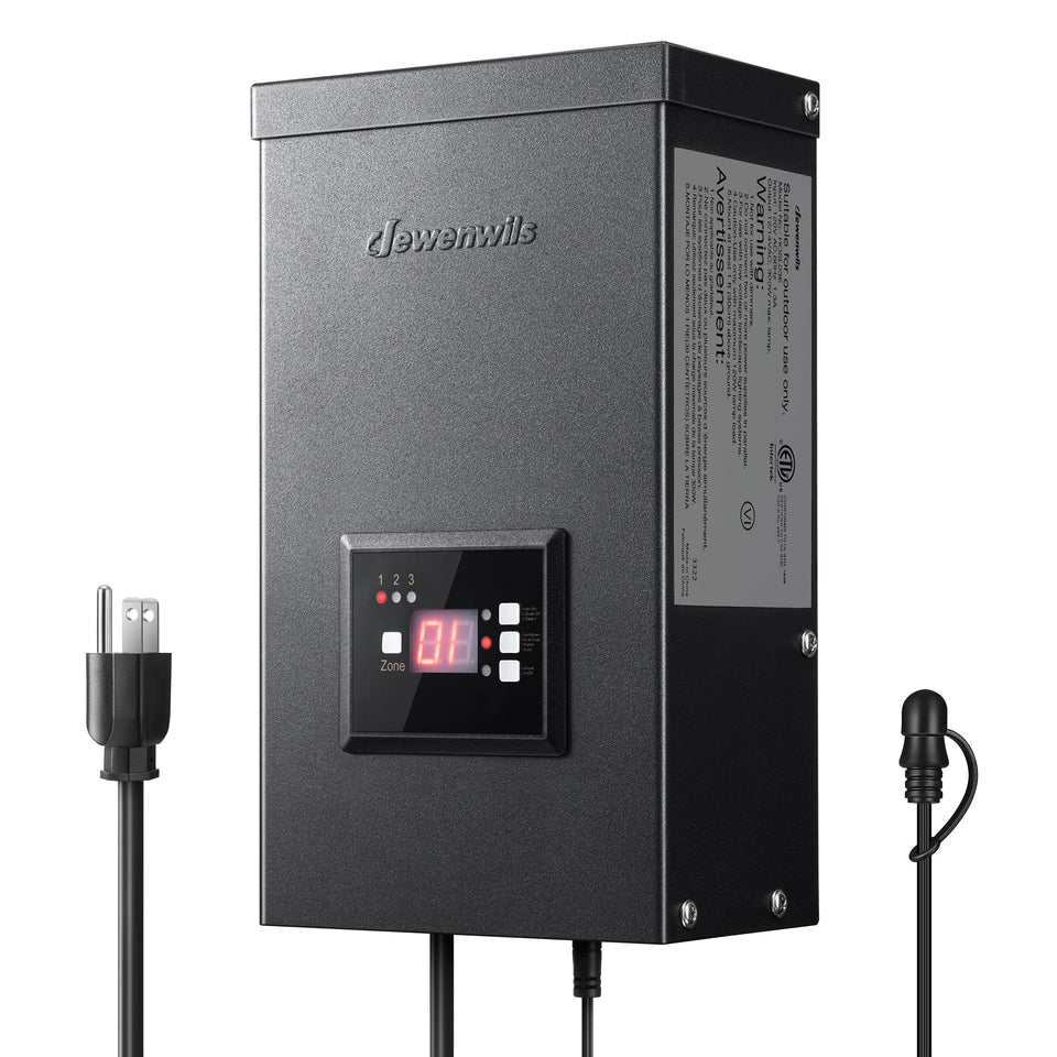 DEWENWILS 300W landscape transformer with three output ports for zone lighting.