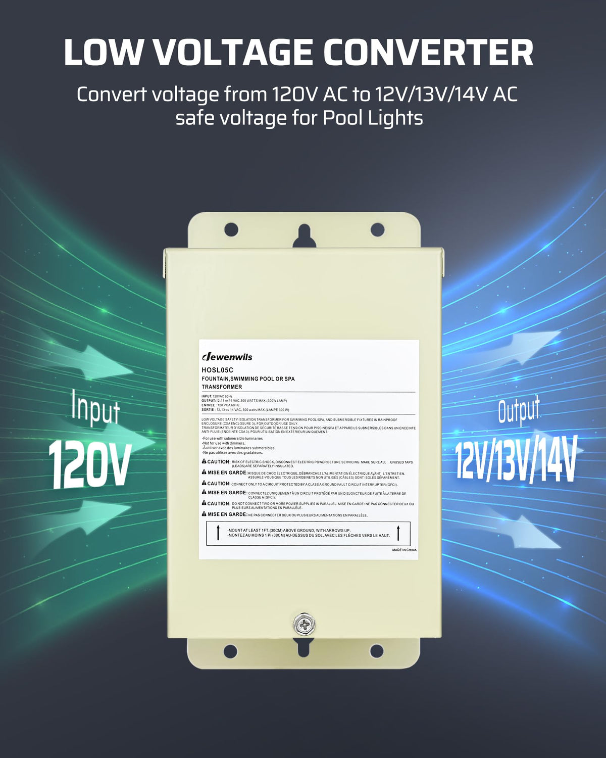 DEWENWILS 300W low-voltage cable entry simplifies pool light wiring.
