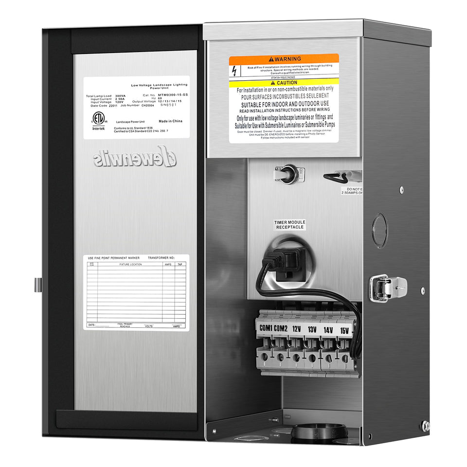 DEWENWILS 300W transformer outdoor image showing multi-tap output for 12V-15V lighting