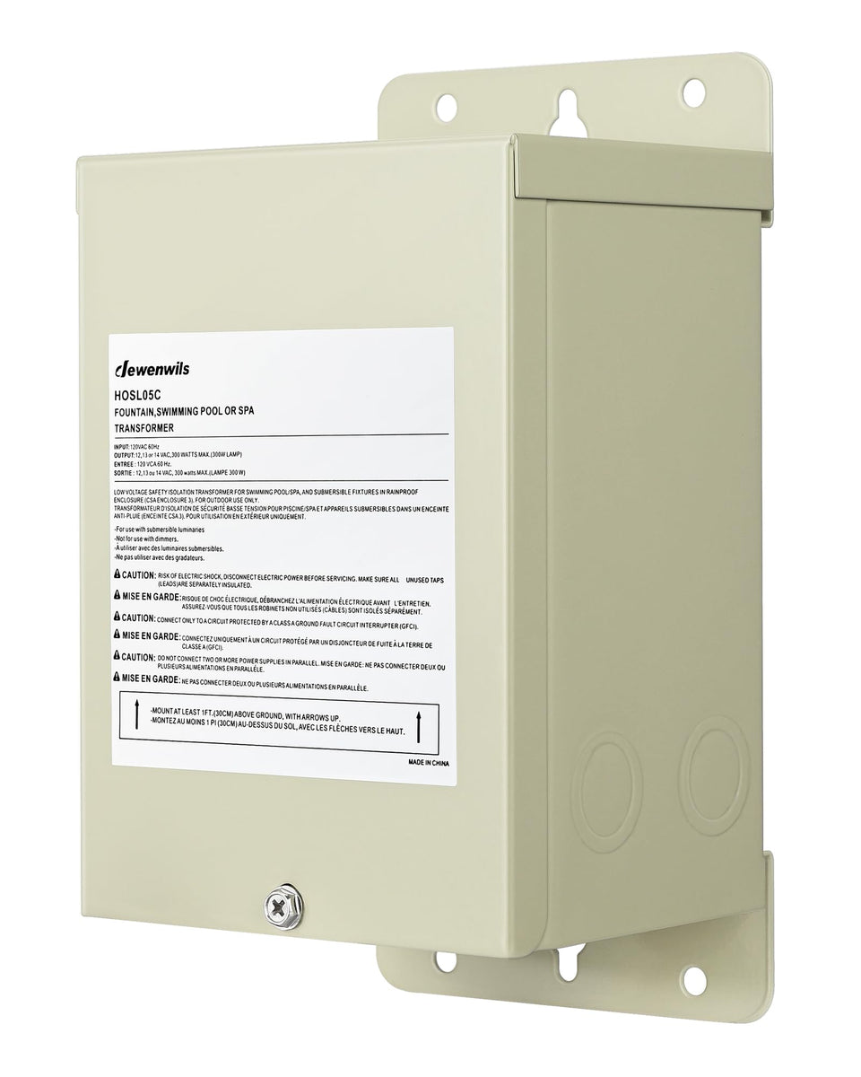DEWENWILS 300W pool transformer front view enables safe 12V lighting setup.