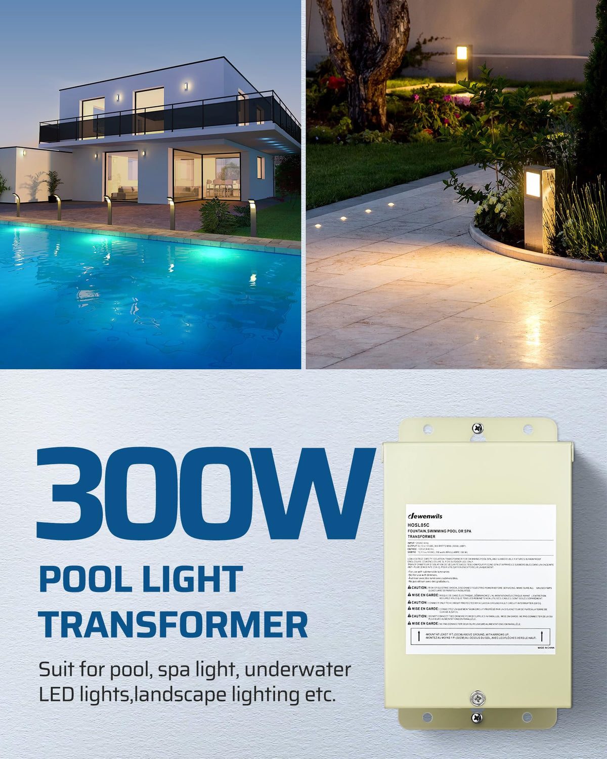 DEWENWILS 300W transformer side housing with weatherproof design for outdoor use.