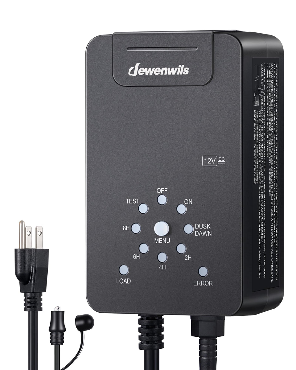 DEWENWILS 60W transformer front view, compact outdoor power for LED landscape lighting.
