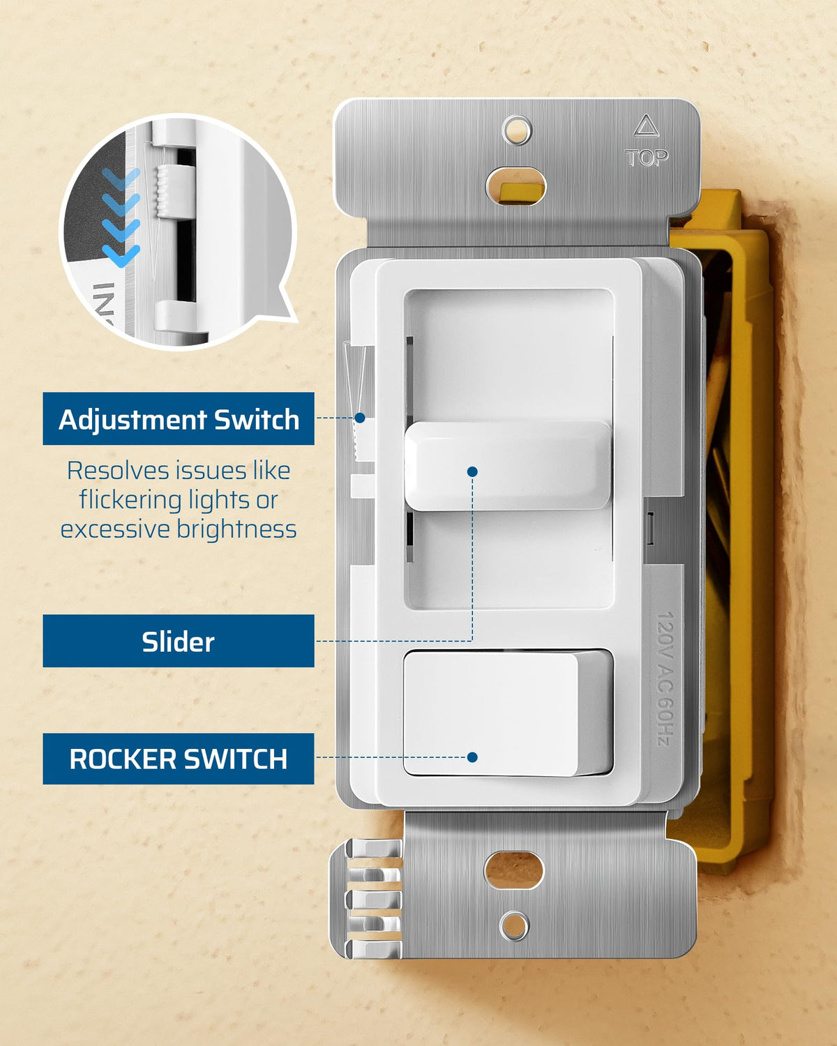 DEWENWILS dimmer switch slider closeup showing smooth dimming and quiet operation