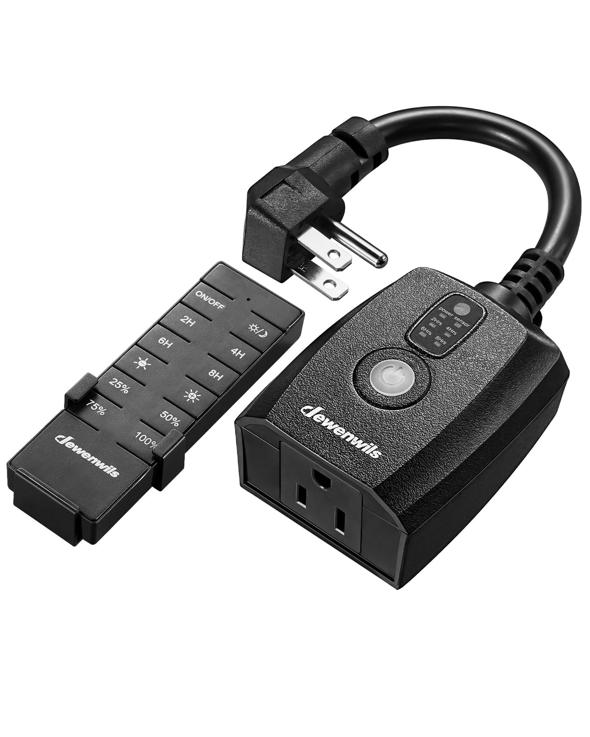 DEWENWILS dusk-to-dawn dimmer with wireless remote in outdoor string-light setup.