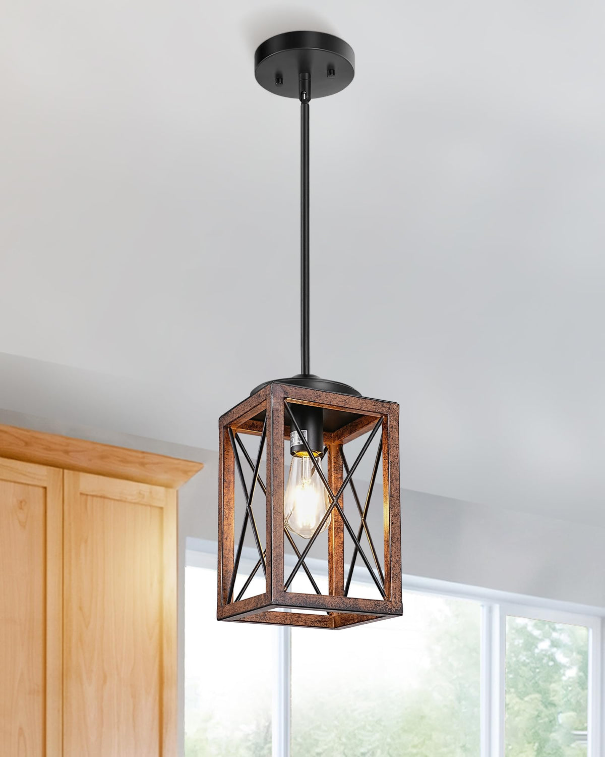 DEWENWILS farmhouse pendant light with wood grain finish enhances warm ambience.