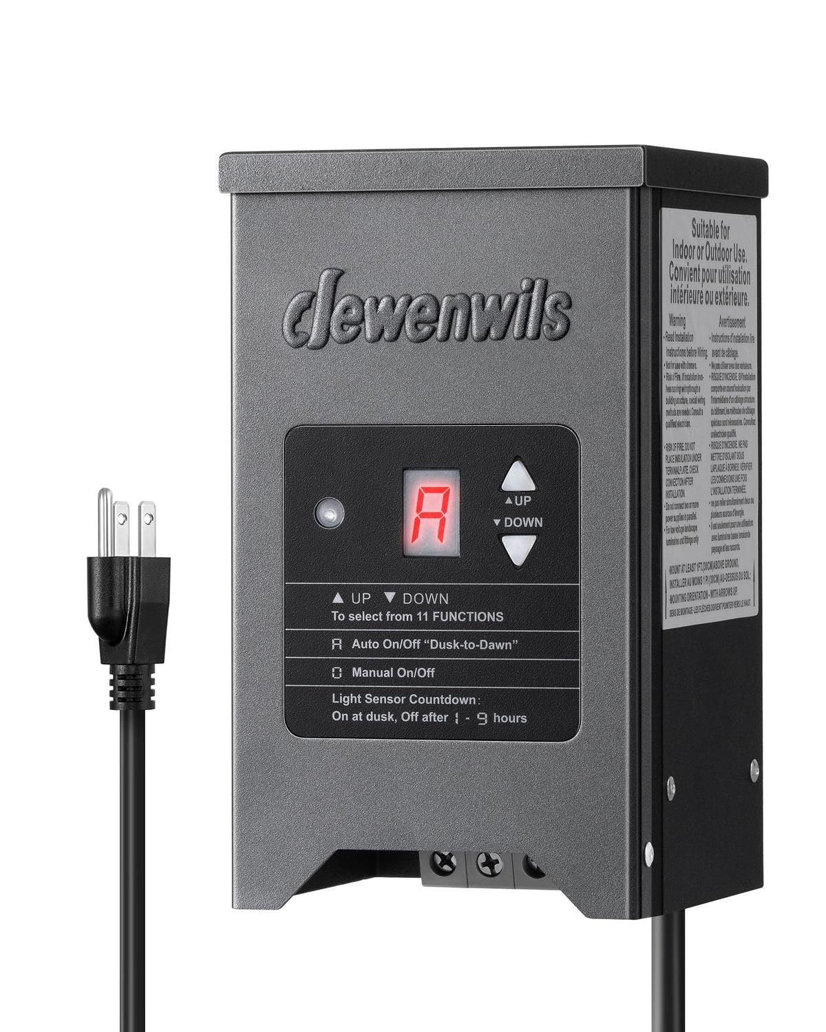DEWENWILS landscape transformer with wall-mount and rugged metal shell for outdoors.