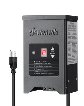DEWENWILS landscape transformer with wall-mount and rugged metal shell for outdoors.