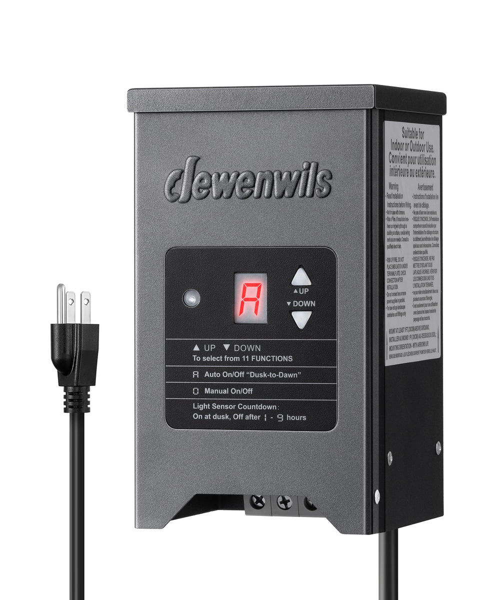 DEWENWILS landscape transformer with wall-mount and rugged metal shell for outdoors.
