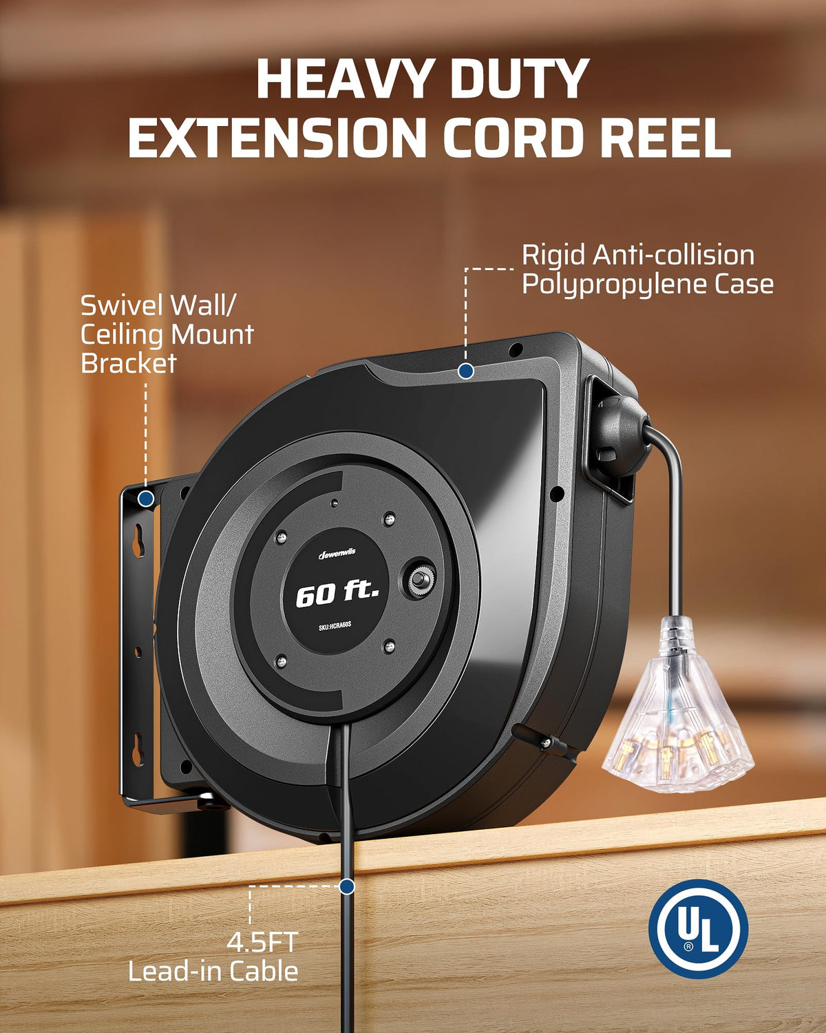 DEWENWILS lighted triple outlet on reel for easy dim-area access