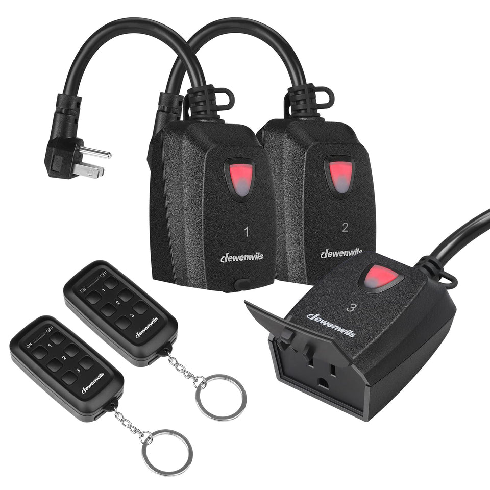 DEWENWILS outdoor-indoor wireless remote outlet with two remotes for convenient control from anywhere.