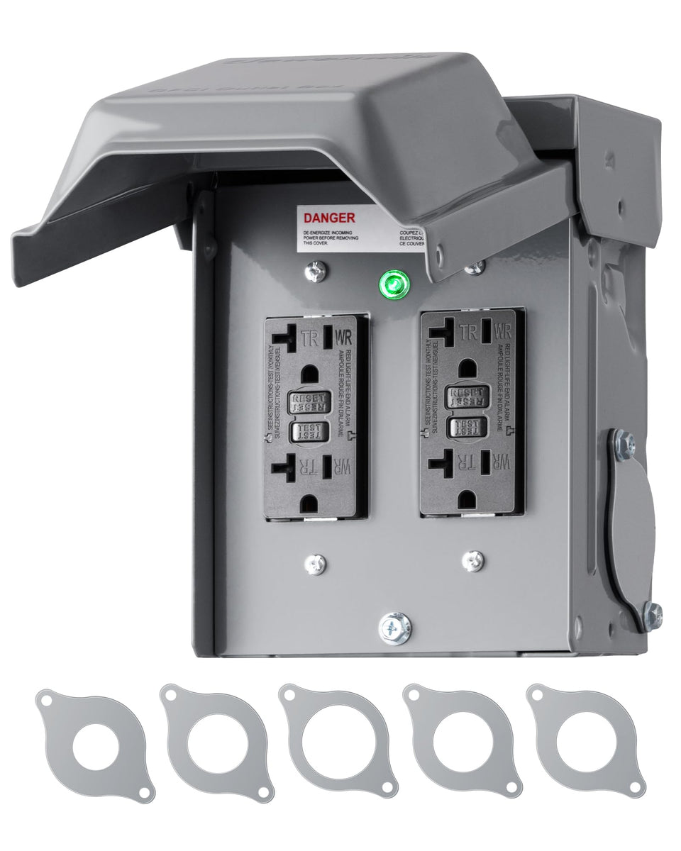 DEWENWILS outdoor outlet box front view shows weatherproof protection for garden lighting