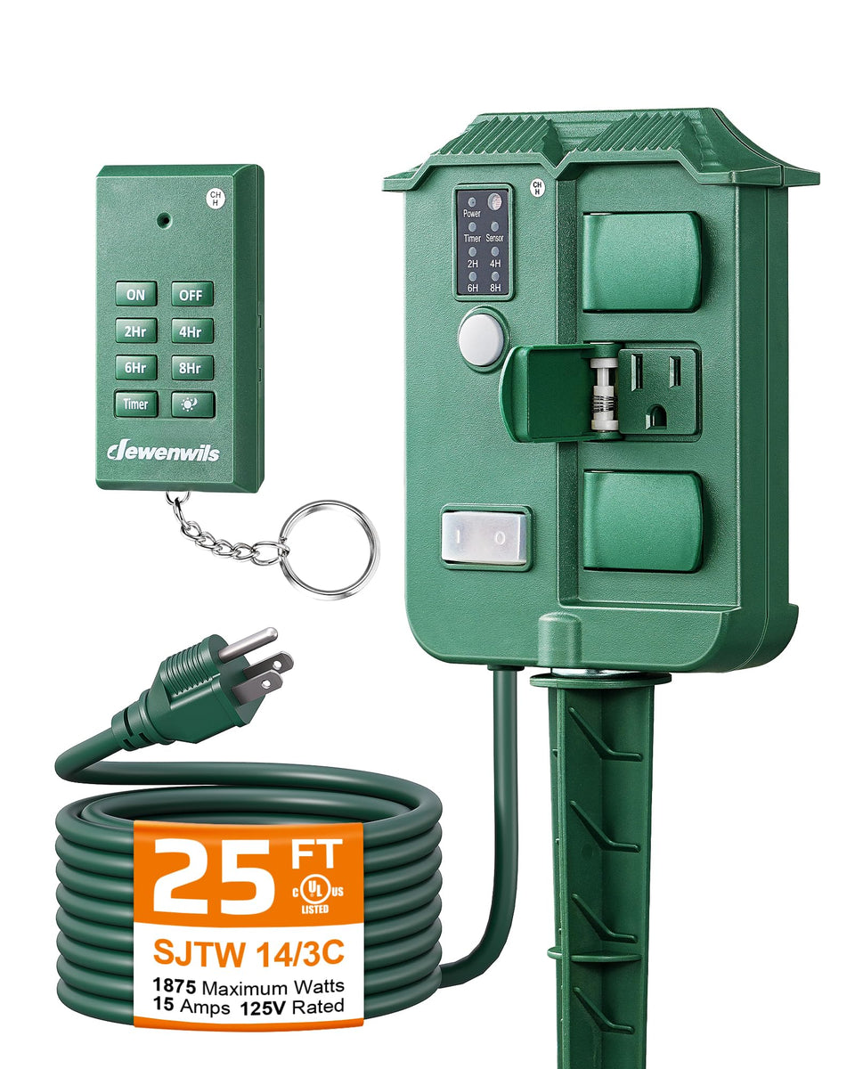 DEWENWILS outdoor power stake timer front view for durable weatherproof lighting control