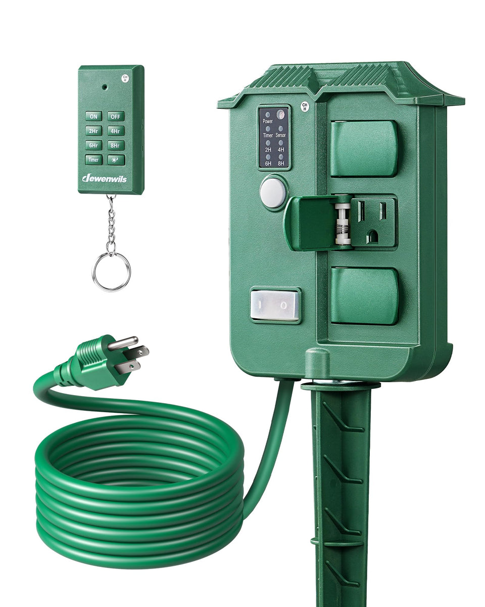 DEWENWILS outdoor power stake timer front view with six outlets for flexible outdoor use.