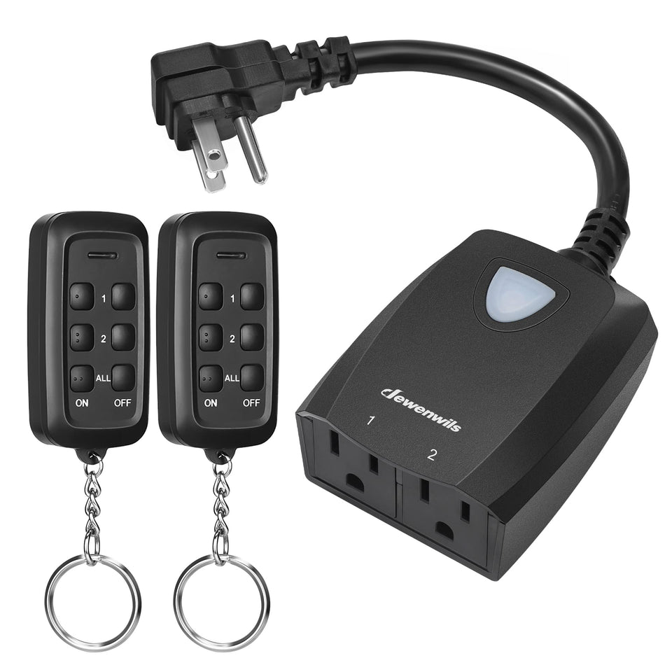 DEWENWILS outdoor wireless remote outlet with 2-in-1 sockets for easy light control.