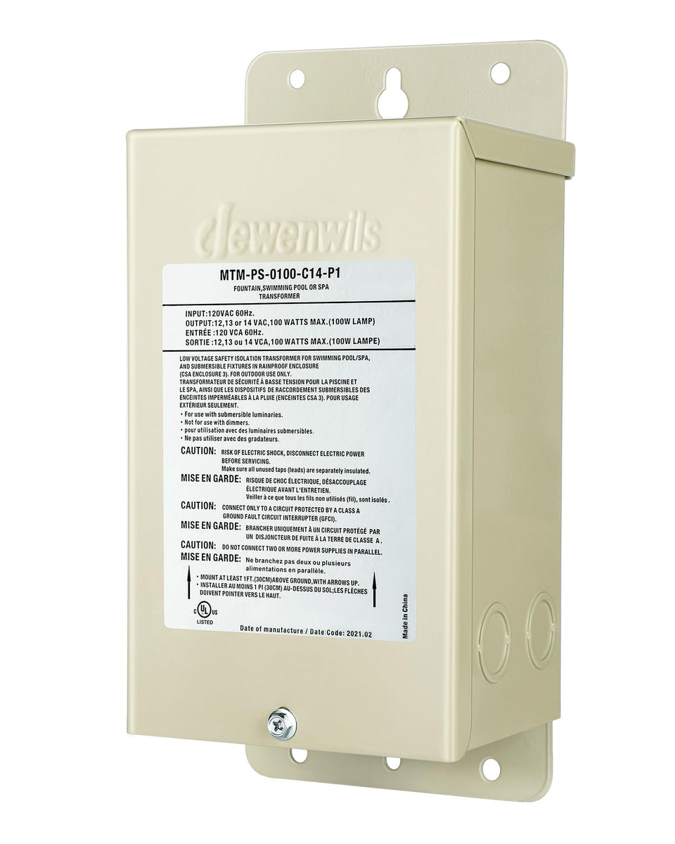 DEWENWILS pool light transformer front view with visible 12V output for outdoor pools