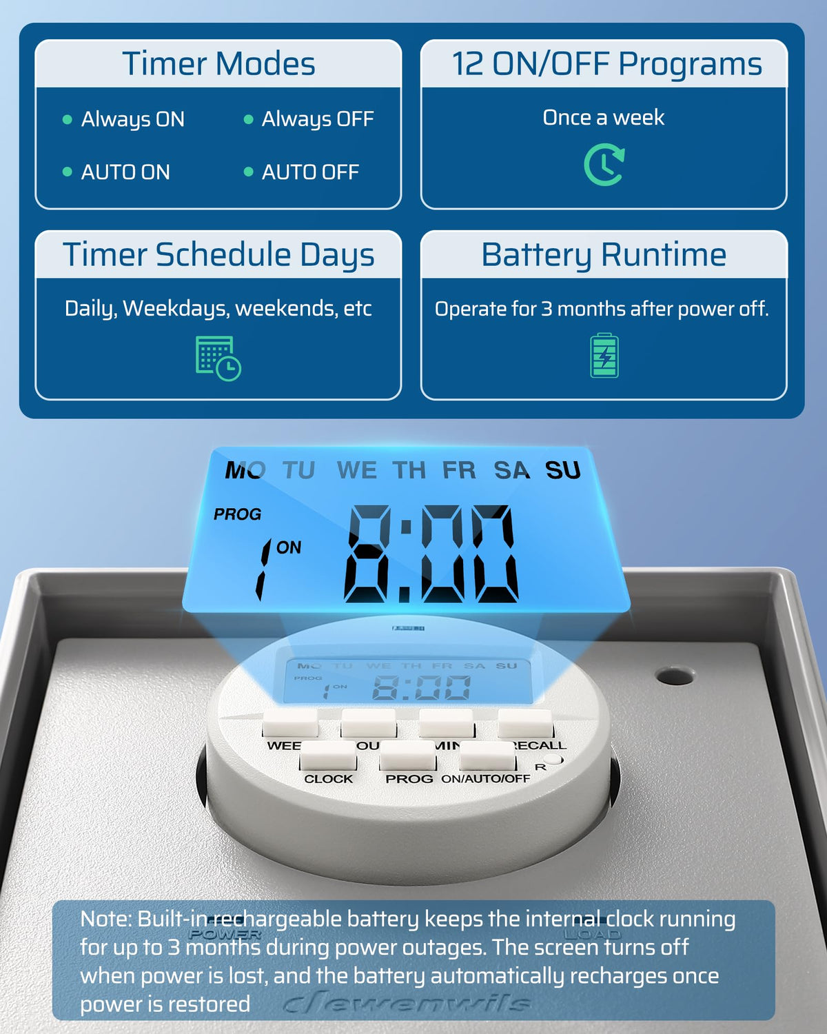 DEWENWILS backup battery preserves settings during power outages for up to 3 months.