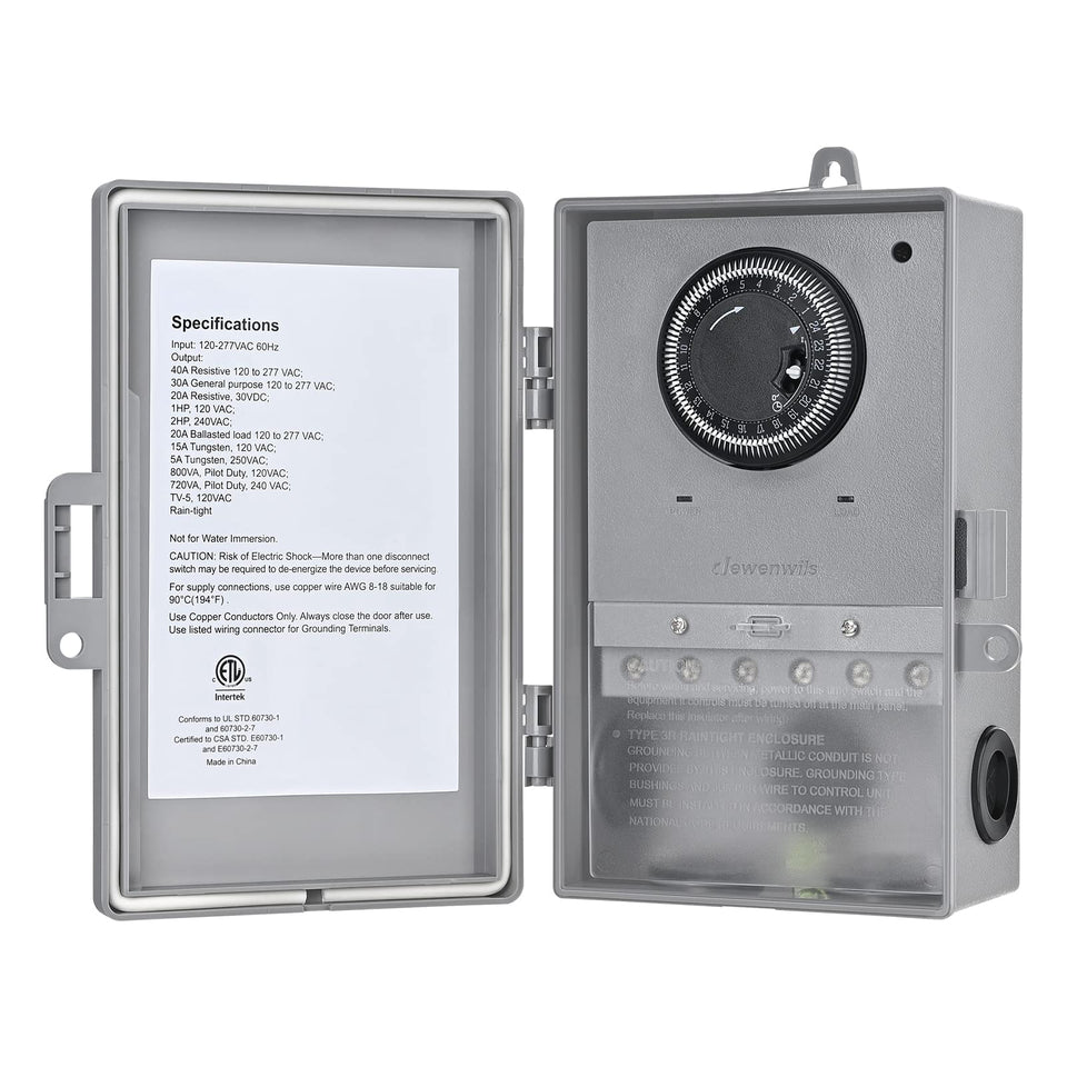 DEWENWILS pool pump timer dial shown for precise daily on/off scheduling.