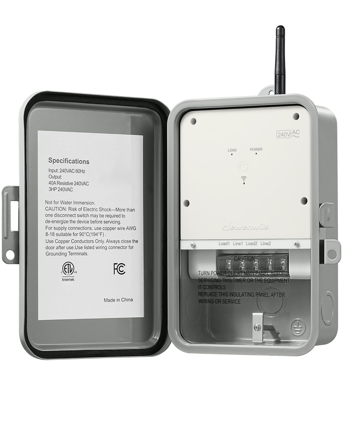 DEWENWILS pool pump timer front view highlighting outdoor design and 40A capacity.