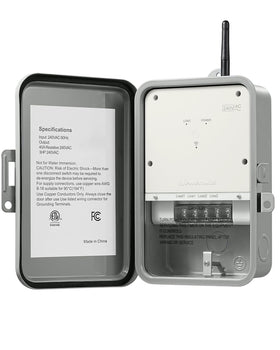 DEWENWILS pool pump timer front view highlighting outdoor design and 40A capacity.