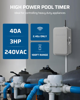 DEWENWILS pool timer side panel shows rugged housing for outdoor use.
