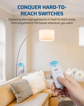 DEWENWILS remote-control outlet demonstrates 100ft wireless range through walls.