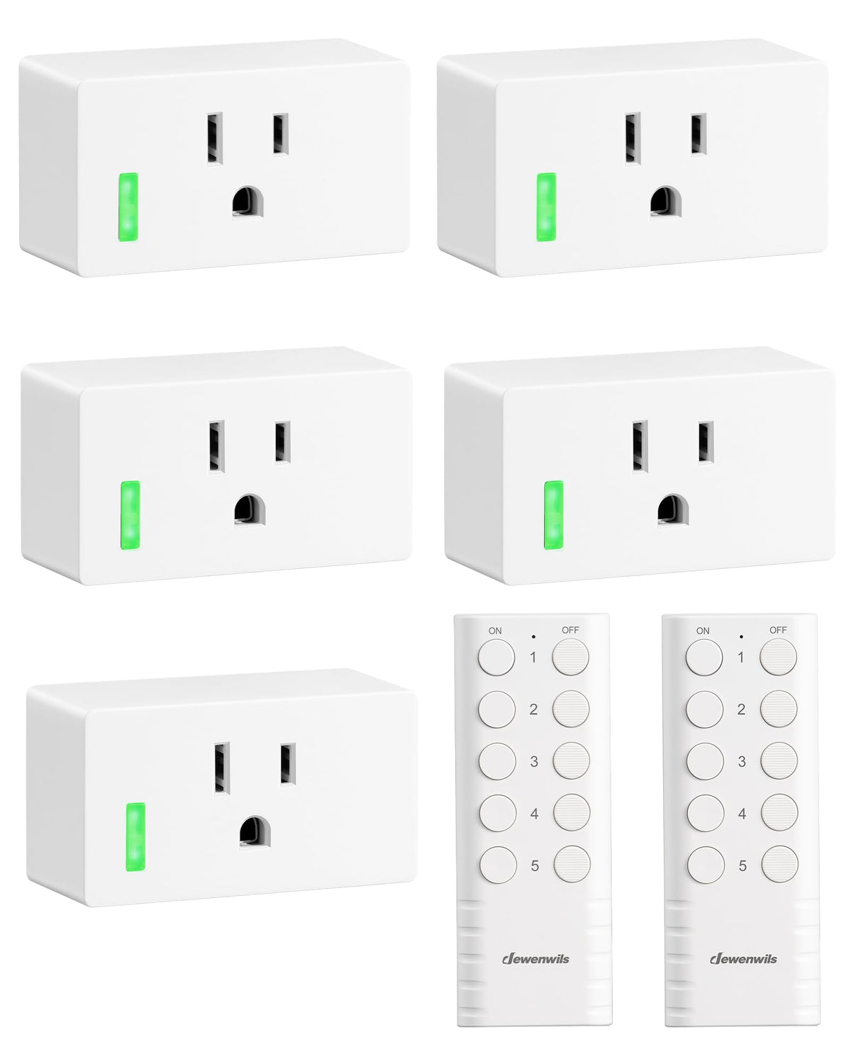 DEWENWILS remote outlet setup close-up showing five sockets for easy control