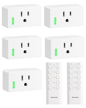 DEWENWILS remote outlet setup close-up showing five sockets for easy control
