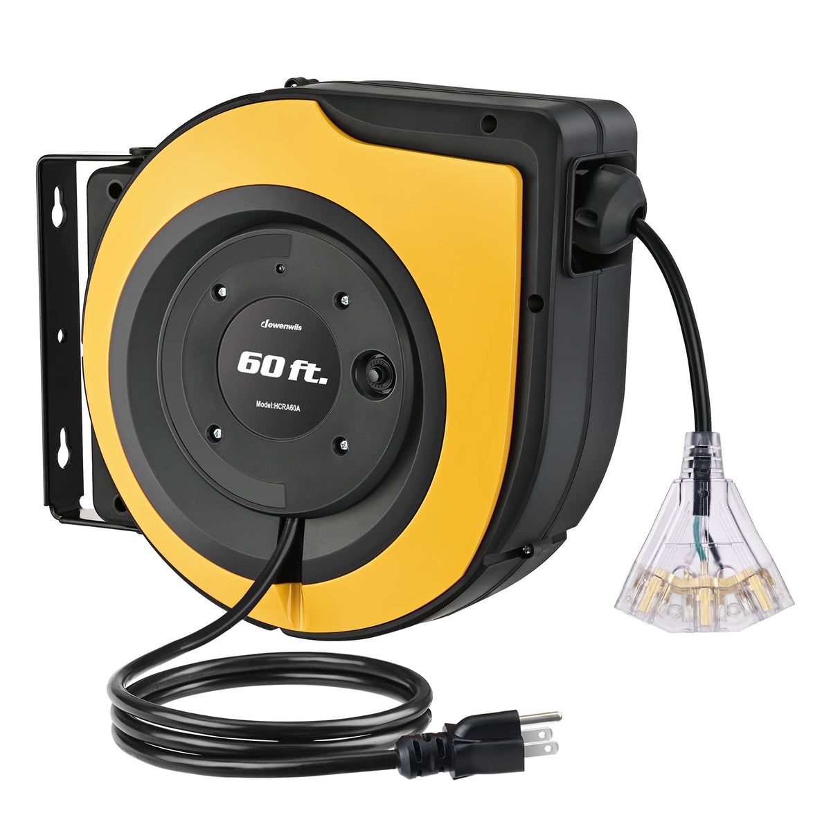 DEWENWILS retractable cord reel mounted on wall for easy access and tangle-free use.