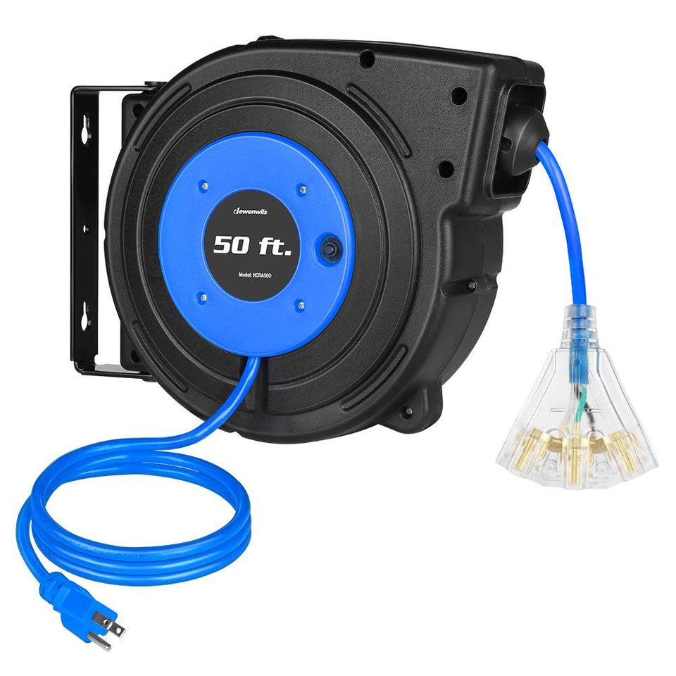 DEWENWILS retractable extension cord reel 50 ft with auto-guide rewind for tangle-free use.