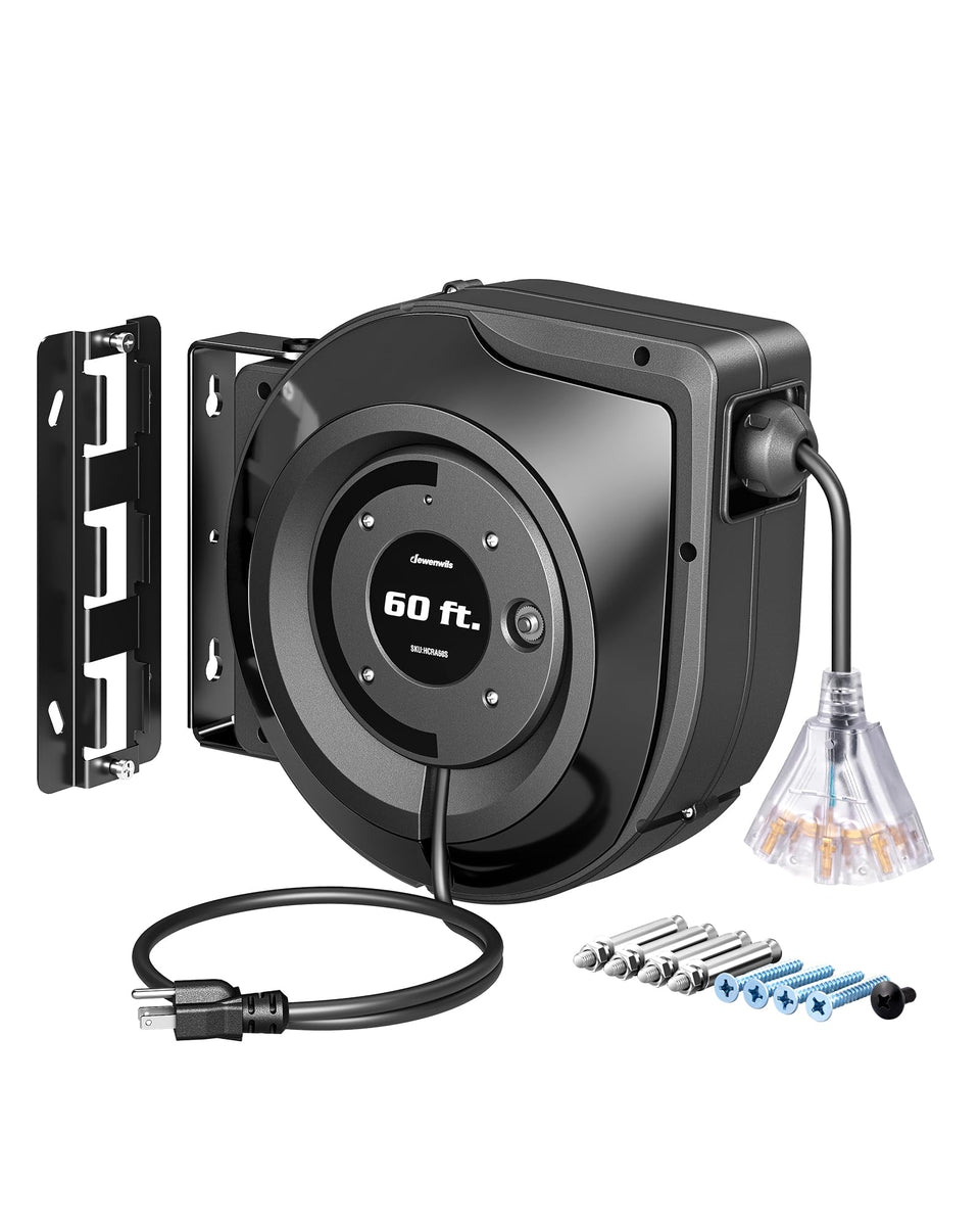 DEWENWILS retractable extension cord reel 60ft in use for organized workspace power