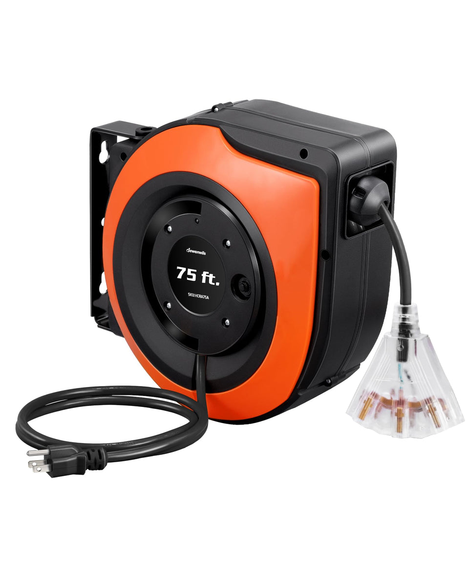 DEWENWILS retractable extension cord reel 75ft highlights smooth retraction and tidy organization.