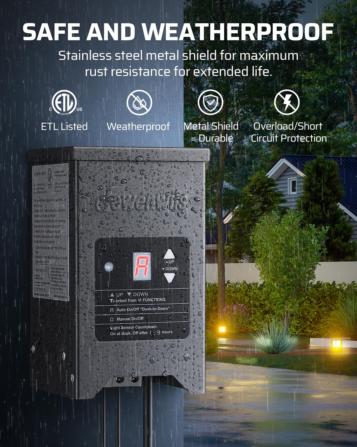 DEWENWILS short-circuit protection keeps landscape lighting safe and reliable.