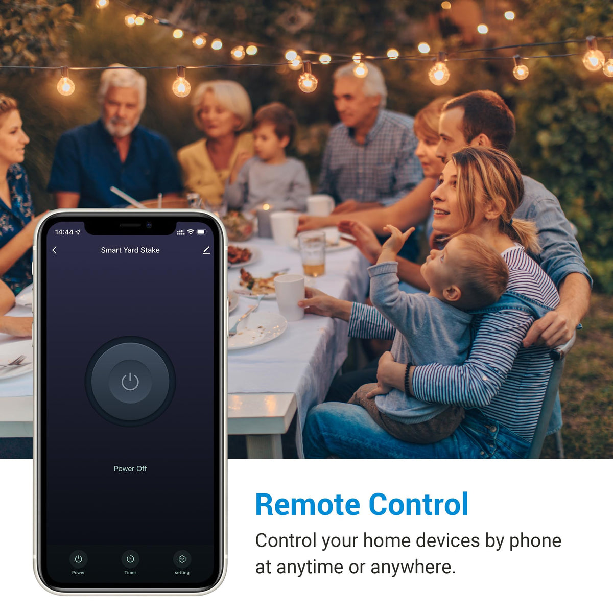 DEWENWILS smart yard stake setup shown for easy remote scheduling of outdoor devices.